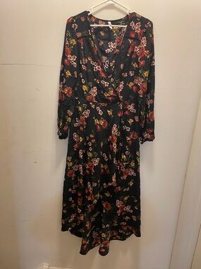 Xhilaration Black Floral Wrap Midi Dress with Burgundy & Pink Blooms
